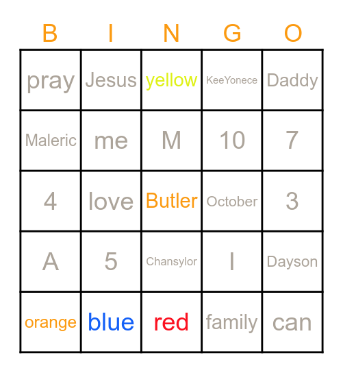 Butler's Fall Bingo Card