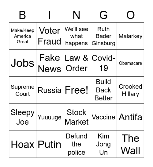 Presidential Debate 9/29/20 Bingo Card