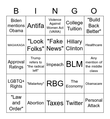 Debate Watch Party Bingo Card