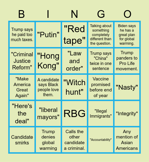 Trump/Biden 2020 Debate #1 Bingo Card