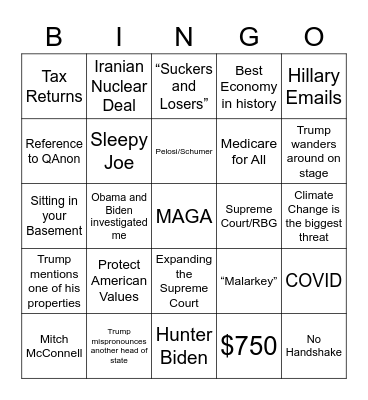 2020 Presidential Bingo Card