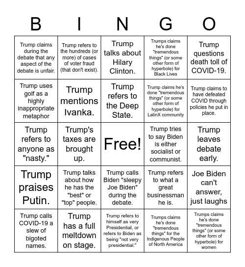 Highly Partisan 2020 Presidential Debate Bingo Card