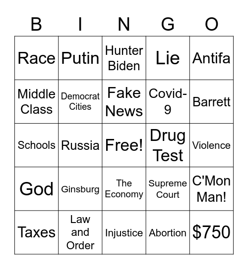 2020 Presidential Debate Bingo Card