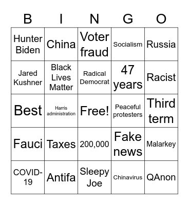 2020 Dumpster Fire Debate Bingo Card