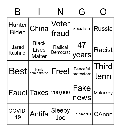2020 Dumpster Fire Debate Bingo Card