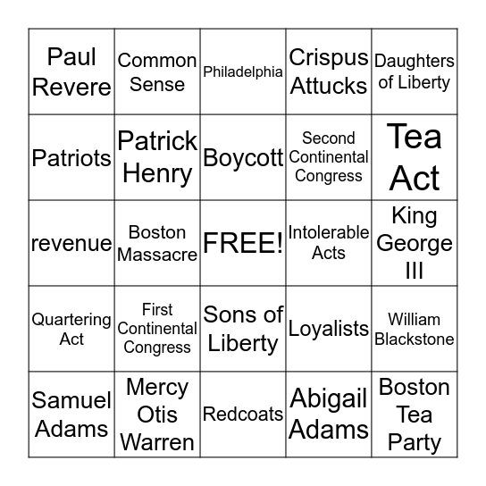 American Revolution Bingo Card