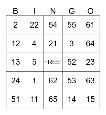 NUMBER BINGO Card