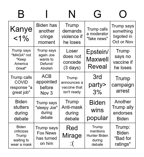 2020 Election! (9/29-11/3) Bingo Card