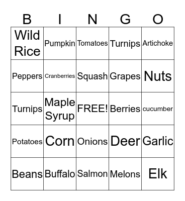 Native American foods Bingo Card