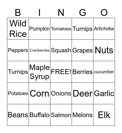 Native American foods Bingo Card