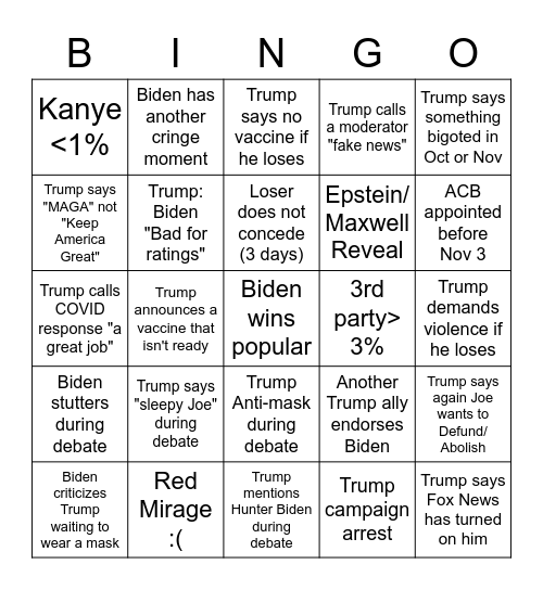 2020 Election! (9/29-11/3) Bingo Card