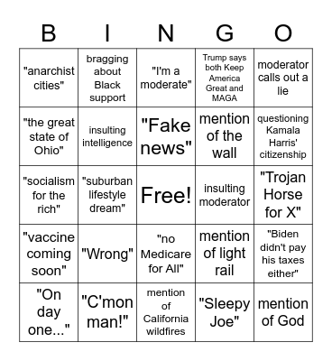 First Debate Bingo Card