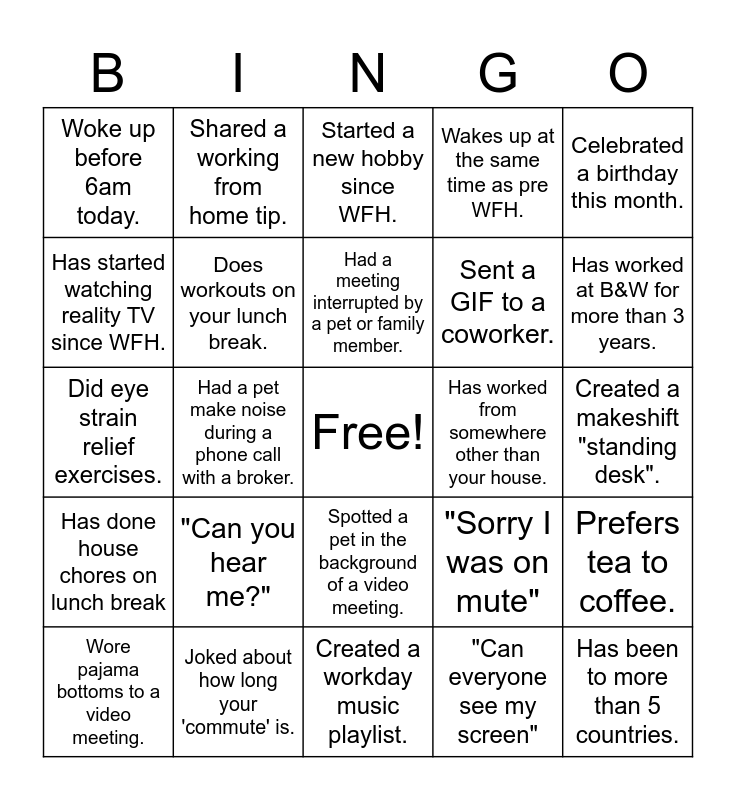 WORKING FROM HOME BINGO Card