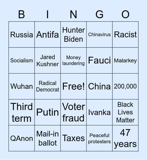 Biden/Trump Debate Bingo Card