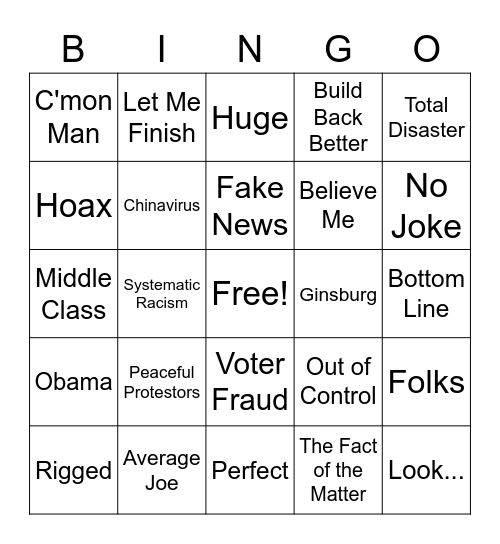 Presidential Debate 2020 Bingo Card