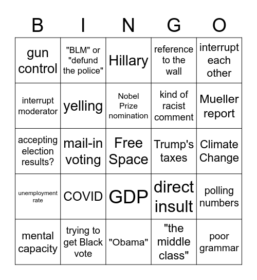 First Presidential Debate Bingo Card