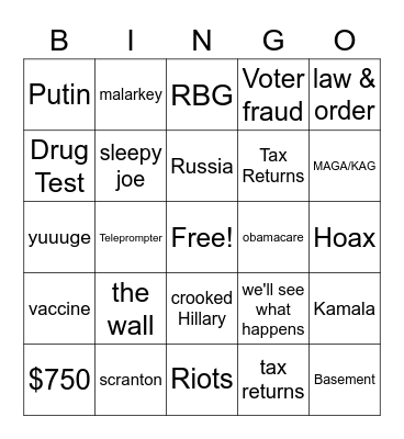 2020 Presidential Debate Bingo Card