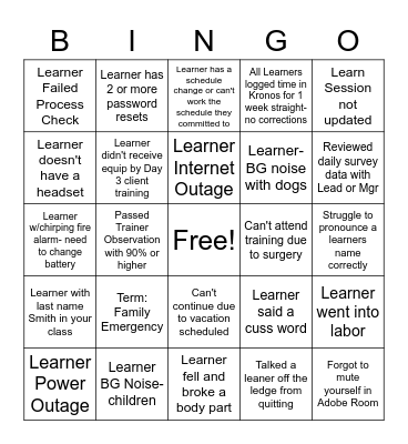 Training Bingo Card