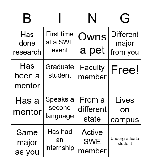 SWE Networking Bingo Card