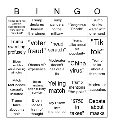 2020 Presidential Debate Bingo Card