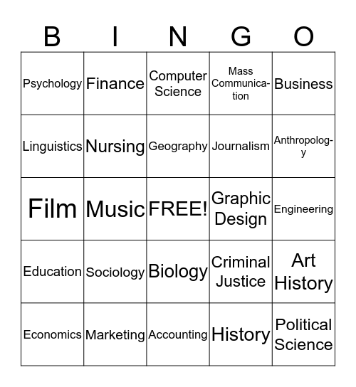 COLLEGE MAJOR BINGOOO Bingo Card