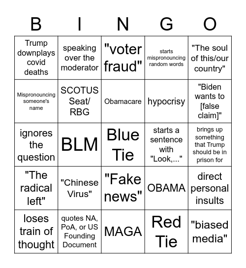 2020 Election: 1st Debate Bingo Card