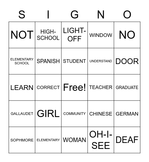 SIGN-O Bingo Card