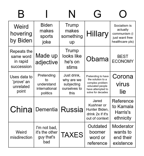 DEBATE DRINKING GAME Bingo Card