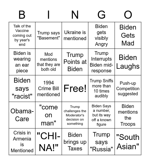 DEBATE #1 2020 Bingo Card