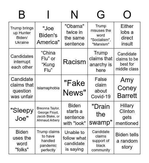 Presidential Debate Bingo Card