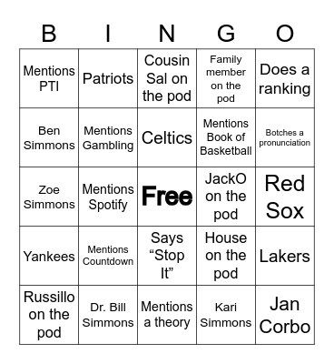 The Bill Simmons Podcast Bingo Card