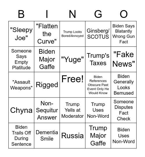2020 Presidential Debate Bingo Card