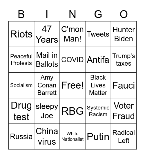 Trump v Biden Debate 1 Bingo Card