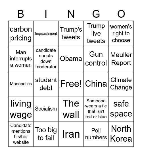 First Democratic Presidential Debate 2020 Bingo Card