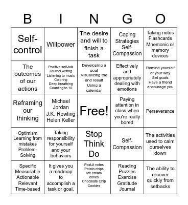 Self-Management Bingo Card