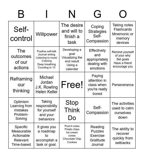 Self-Management Bingo Card