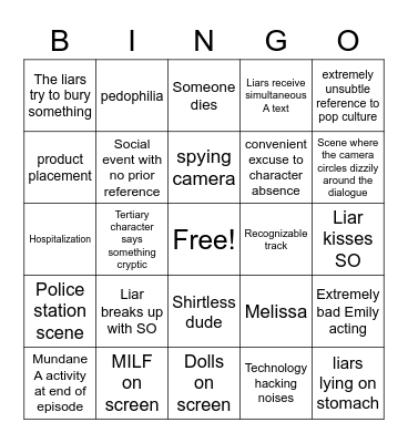 Pretty Little Liars Viewing Bingo Card