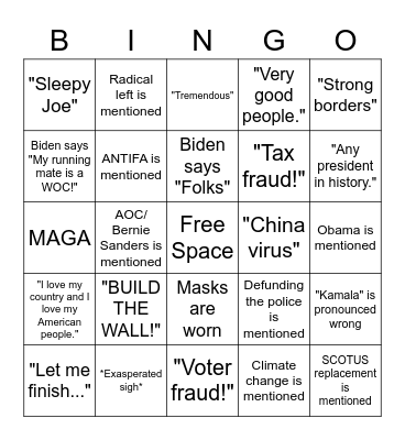 Presidential Debate 2020 Bingo Card