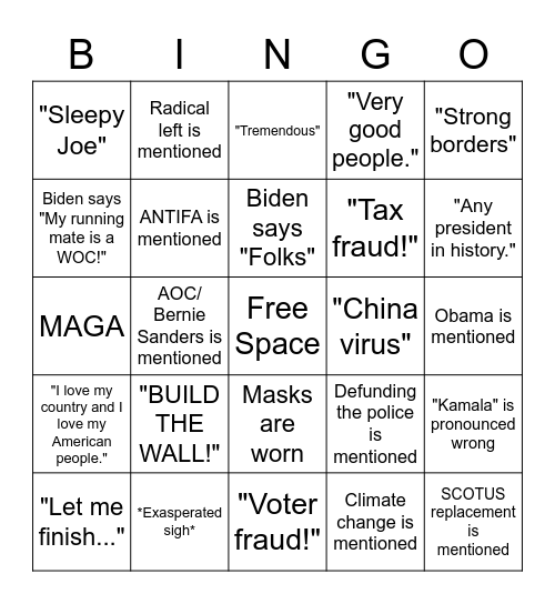 Presidential Debate 2020 Bingo Card