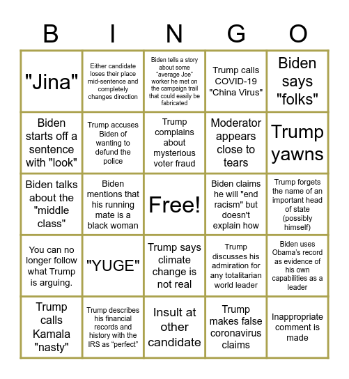 First Presidential Debate 2020 Bingo Card