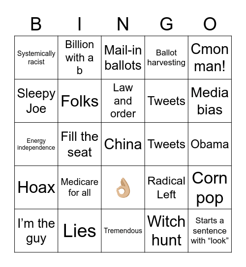 Debate 2020 Bingo Card