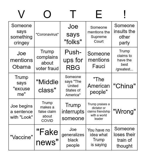 Presidential Debate Sanity Game Bingo Card