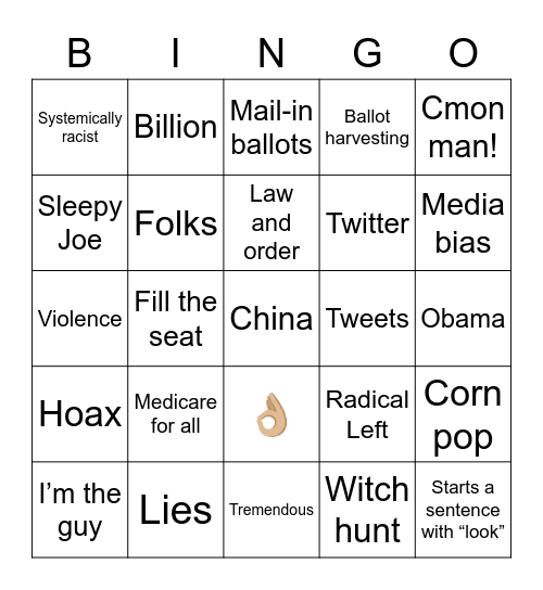 Debate 2020 Bingo Card
