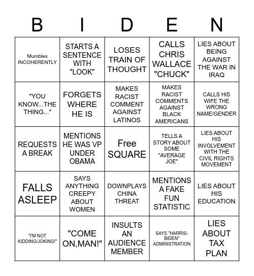 Joe Biden Debate Bingo Game Sheet Bingo Card