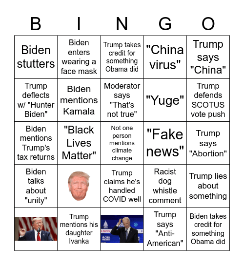 Presidential Debate September 29 2020 Bingo Card