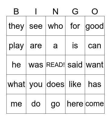 Kindergarten Sight Words Bingo Card