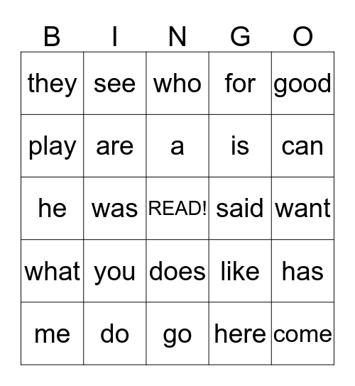 Kindergarten Sight Words Bingo Card