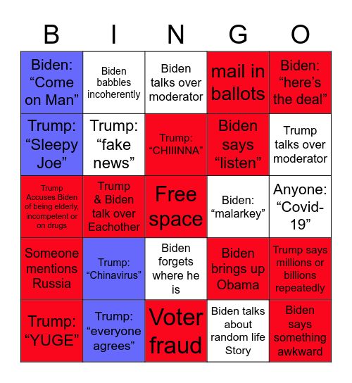 Debate 2020 Bingo Card