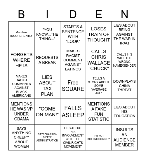 Joe Biden Debate Bingo Game Sheet Bingo Card