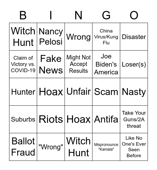 Trump Debate Bingo Card